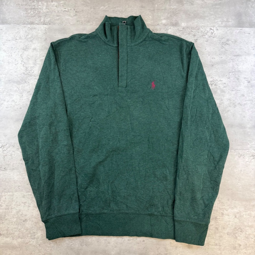 Polo Ralph Lauren Mens Quarter Zip Pullover Heather Green Red Pony Size M